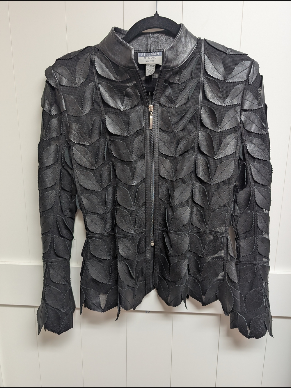 Stillman Studios Women's Black Leaf-Detail Leather Jacket, Medium